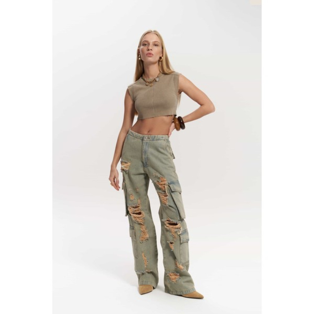 Mai Collection Dries Kirli Gri Yırtık Detay Kargo Jean Pantolon Bayan Jeans / Kot Pantolon Fiyatı