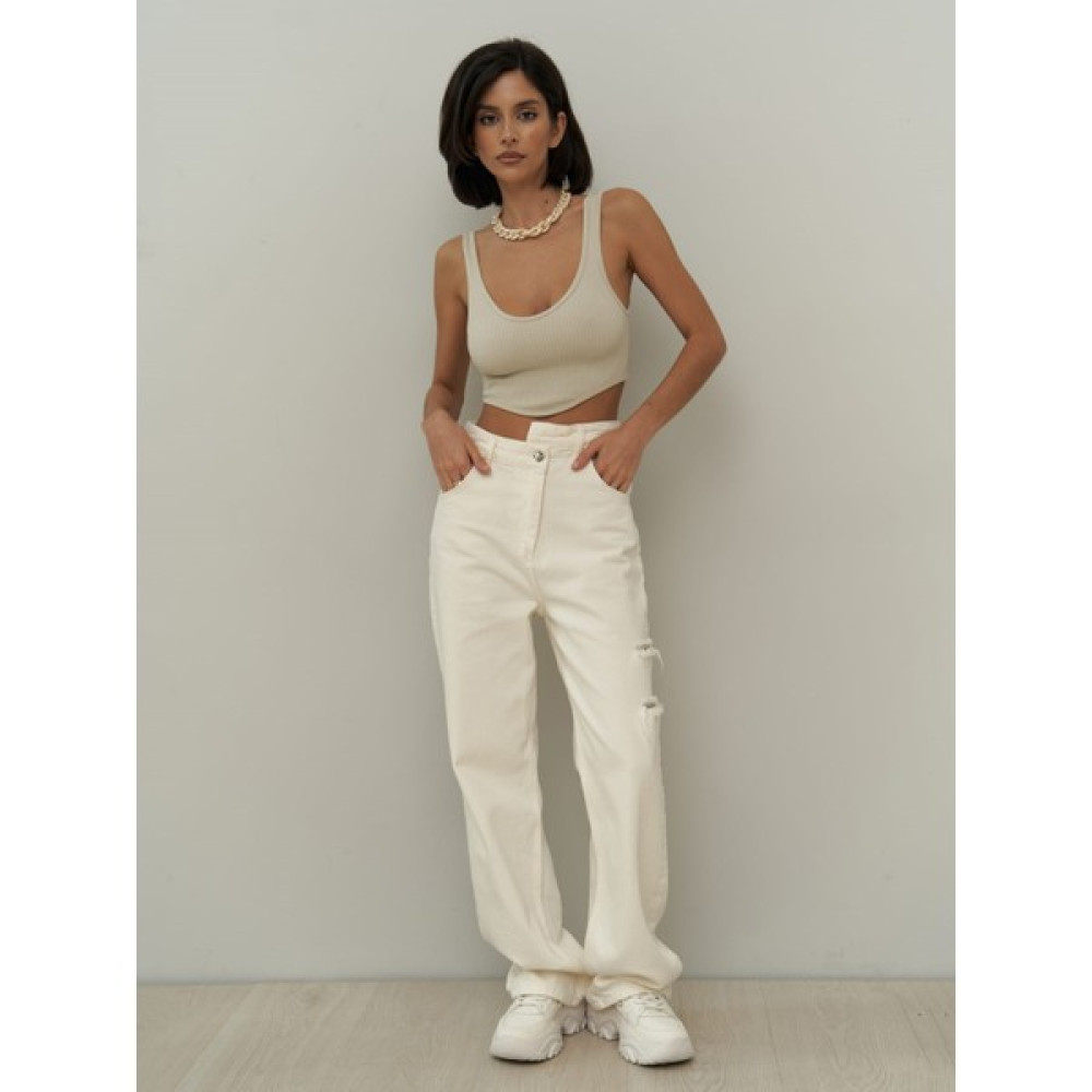 Mai Collection North Bel Detay Çift Yırtıklı Ekru Jean Bayan Jeans / Kot Pantolon Fiyatı