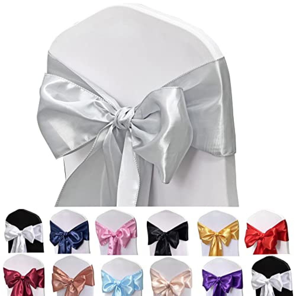 Maiangel Satin Chair Sashes Bows-50PCS Chair Ribbon Ties Back Sash for Wedding Party Events Banquet Chair Cover Decoration (Silver)