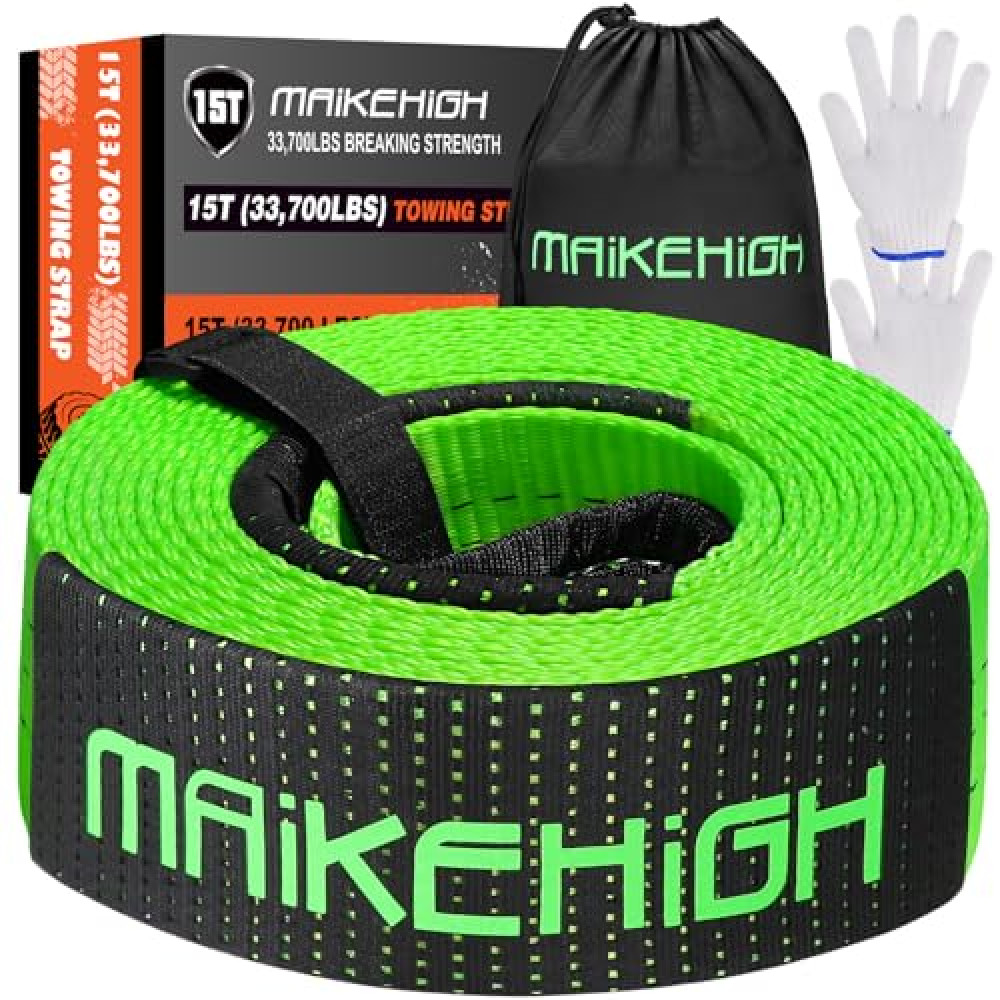 MAIKEHIGH Tow Strap 3" x 20ft, 33,700Lbs Break Strength Heavy Duty Recovery Strap, Emergency Off Road Tow Rope with Triple Reinforced Loops Ends & Protective Gloves (Green)