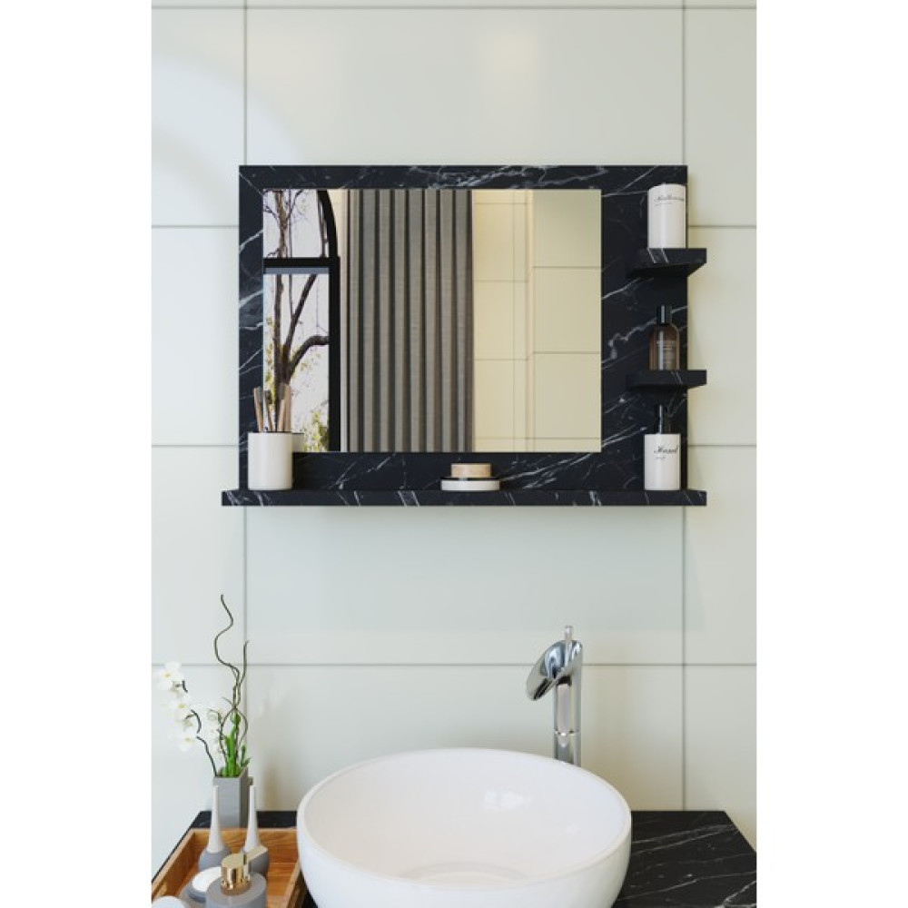 Makbulce Zümrüt Dekoratif Raflı Mermer Desen 60X45 cm Antre Hol Koridor Duvar Salon Mutfak Banyo Ayna - Siyah Mermer Banyo Aynası Fiyatı