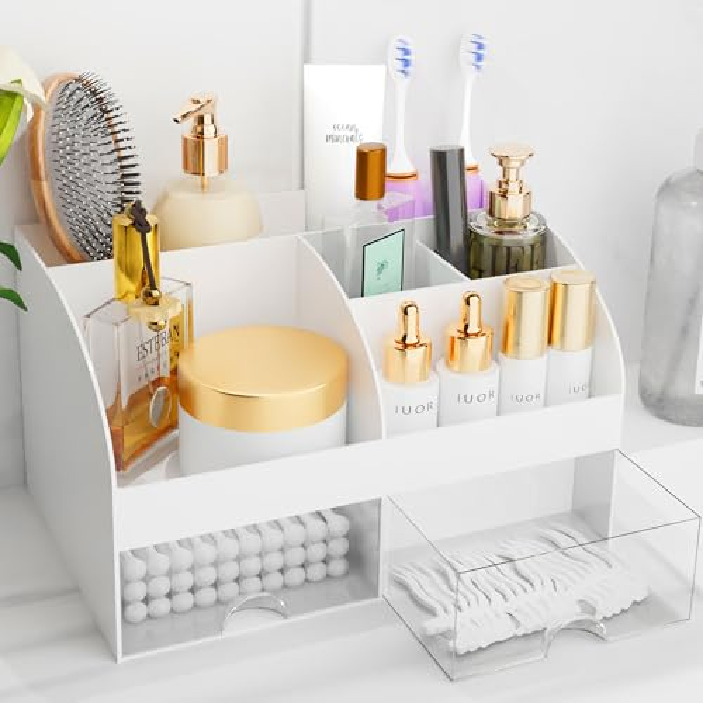 Makeup Organizer with Drawers, Cosmetic Storage for Dresser Vanity and Bathroom Countertop, Beauty Holder for Lipstick Brush, Skincare Organizer for Vanity, Cosmetic Display Case (White) Makeup Bag Fiyatı