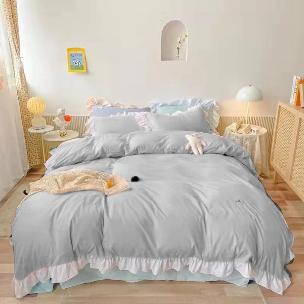 Makiteks %100 Pamuklu Gri Beyaz Fırfırlı 200X220+50X70 Çift Kişilik Nevresim ve Yastık Kılıfı Seti - Gri - Beyaz - 200 x 220 cm Nevresim Takımı Fiyatı