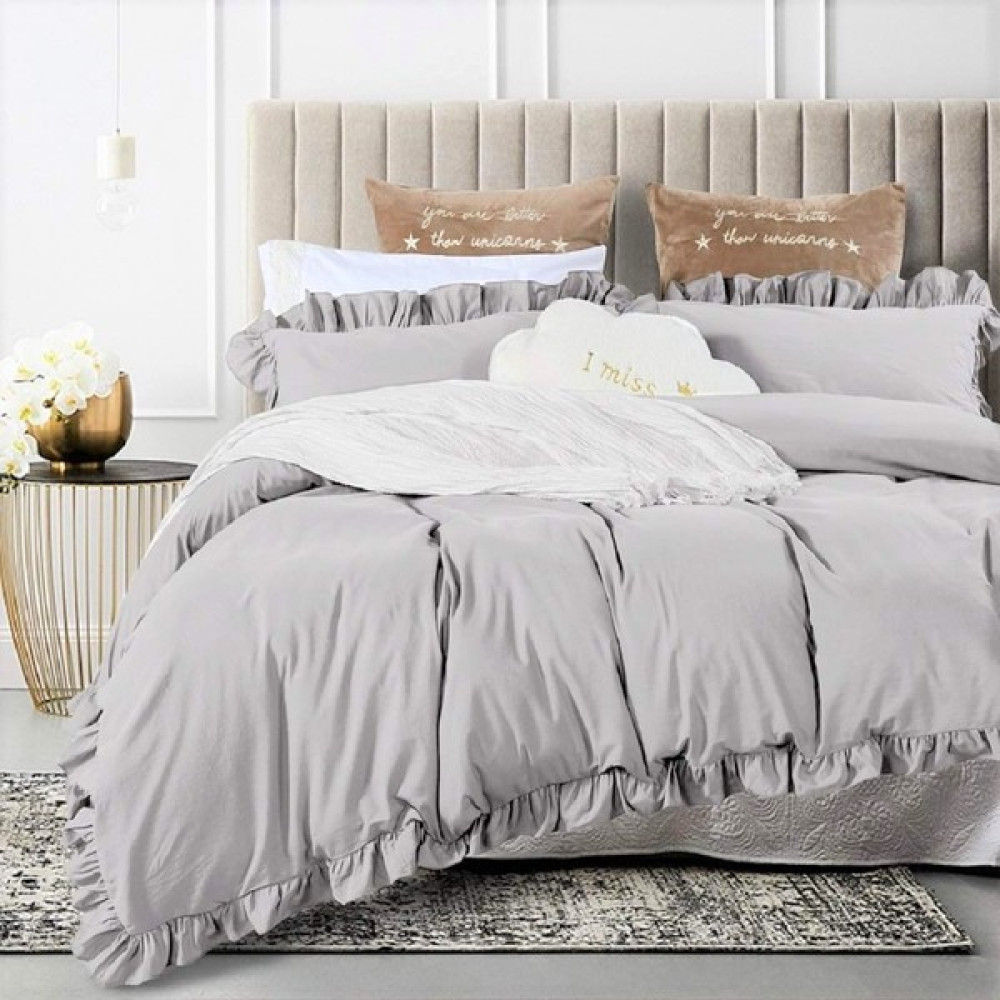 Makiteks %100 Pamuklu Gri Fırfırlı Çift Kişilik Nevresim ve 2 Yastık Kılıfı Seti - 200 x 220 cm - Açık Gri Nevresim Takımı Fiyatı