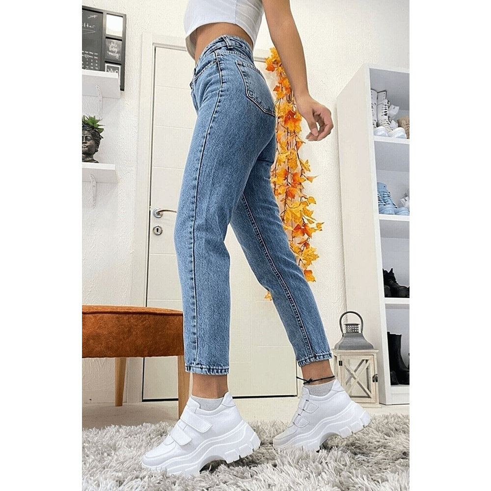 MAKRAS EXCLUSIVE Açık Mavi Mom Jeans Likralı Yüksek Bel Mavi Kar Yıkamalı Mom Kot Pantolon Ekstra Esnek 40 Beden Bayan Jeans / Kot Pantolon Fiyatı