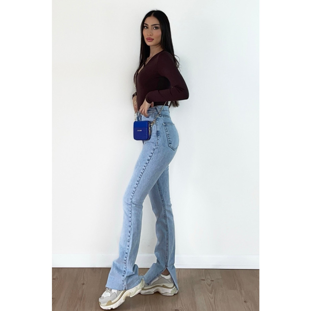 MAKRAS EXCLUSIVE Asit Yıkamalı Açık Mavi Slim Straight Paçası Yırtmaçlı Jean Pantolon 42 Beden Bayan Jeans / Kot Pantolon Fiyatı