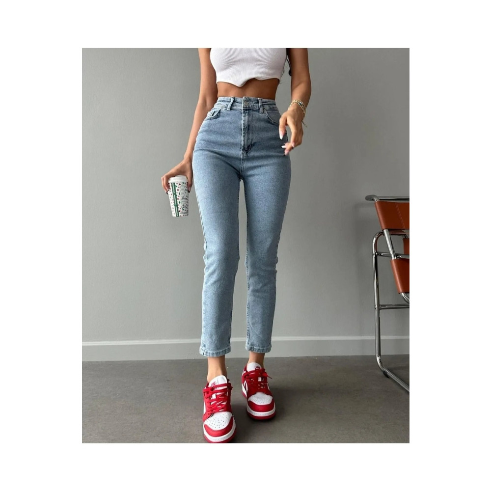 MAKRAS EXCLUSIVE Buz Kar Mavi Asit Yıkamalı Yüksek Bel Mom Jeans 40 Beden Bayan Jeans / Kot Pantolon Fiyatı