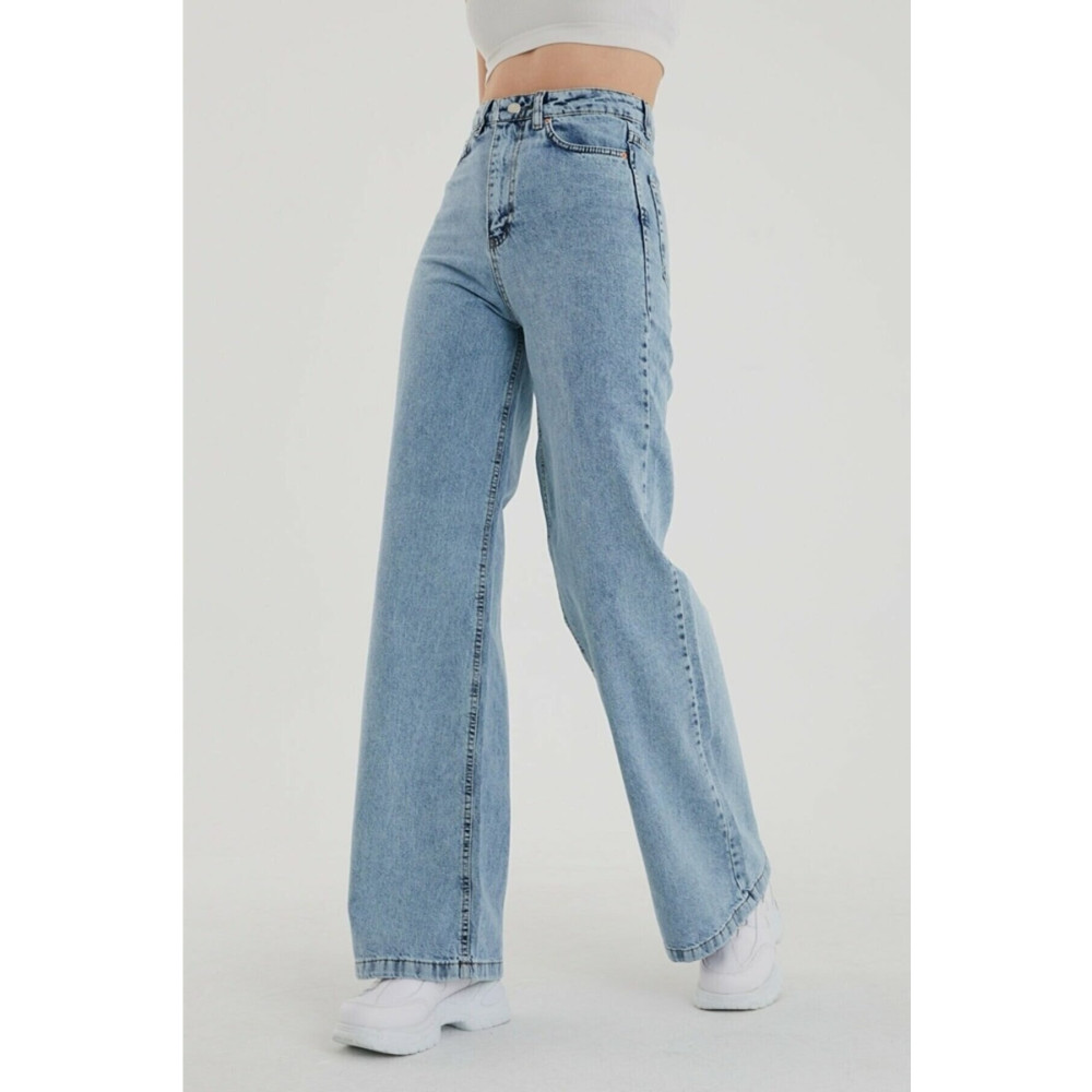 MAKRAS EXCLUSIVE Kadın Açık Mavi Kar Yıkama Yüksek Bel Bol Paça Denim Kot Pantolon 38 Beden Kadın Pantolon Fiyatı