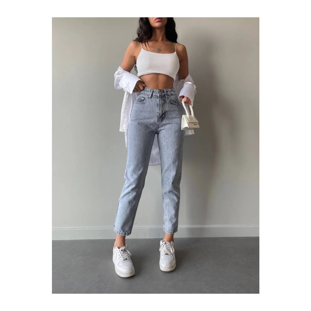 MAKRAS EXCLUSIVE Maria Kadın Açık Mavi Asit Kar Yıkama Süper Yüksek Bel Comfort Likralı Mom Kot Pantalon Jeans 42 Beden Bayan Jeans / Kot Pantolon Fiyatı