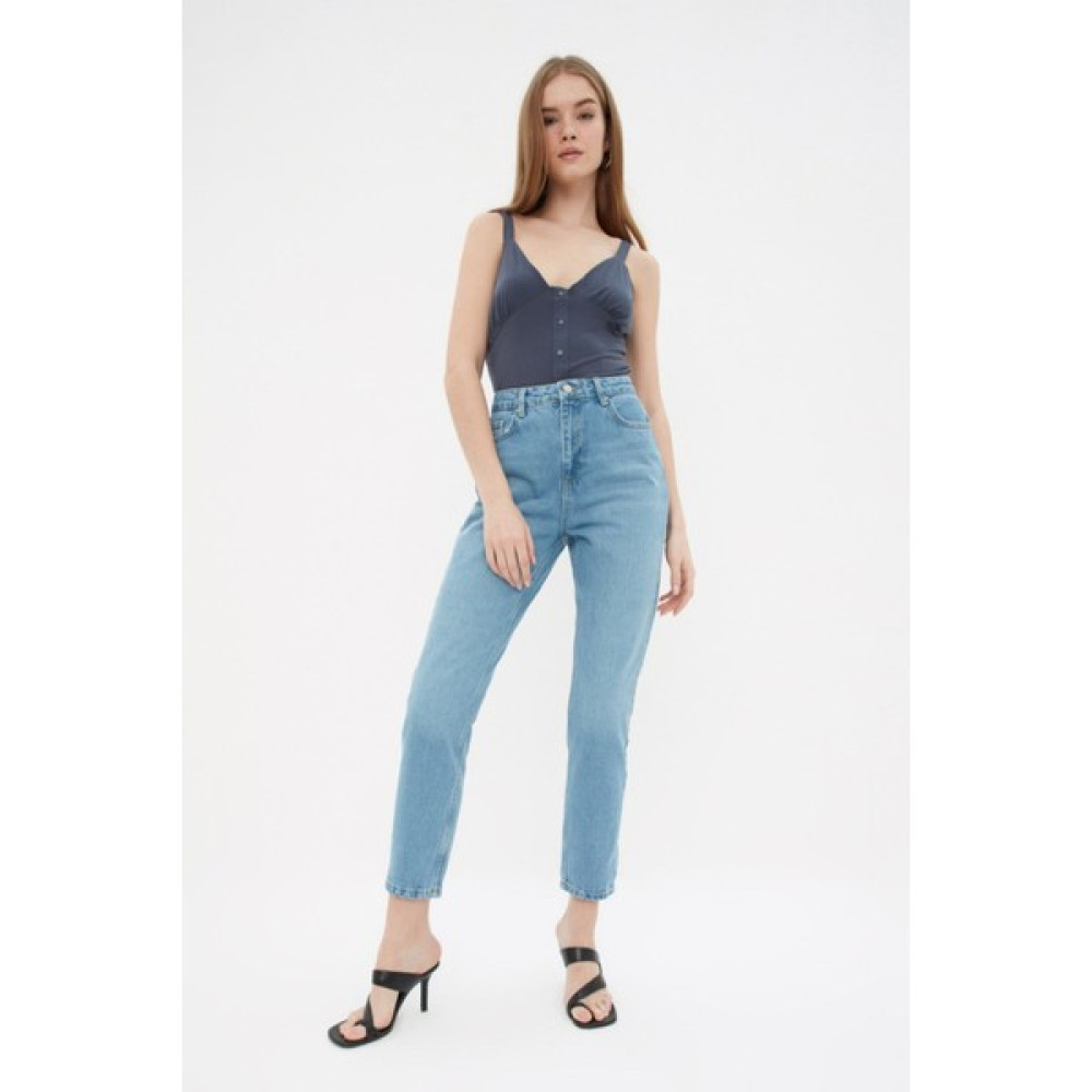 Makras Exclusive Mary Jane  kadın Buz Mavi Yüksek Bel Yumuşak Dokunuşlu Cepli Rahat Kesim Mom Jean Kot Pantolon Erkek Jeans / Kot Pantolon Fiyatı