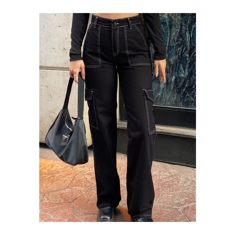 MAKRAS EXCLUSIVE Sera Yüksek Bel Beyaz Dikişli Siyah Kargo Cep Jeans Kargo Cep Kot Pantolon( 1 Beden Büyük Alın ) 26 Beden Bayan Jeans / Kot Pantolon Fiyatı