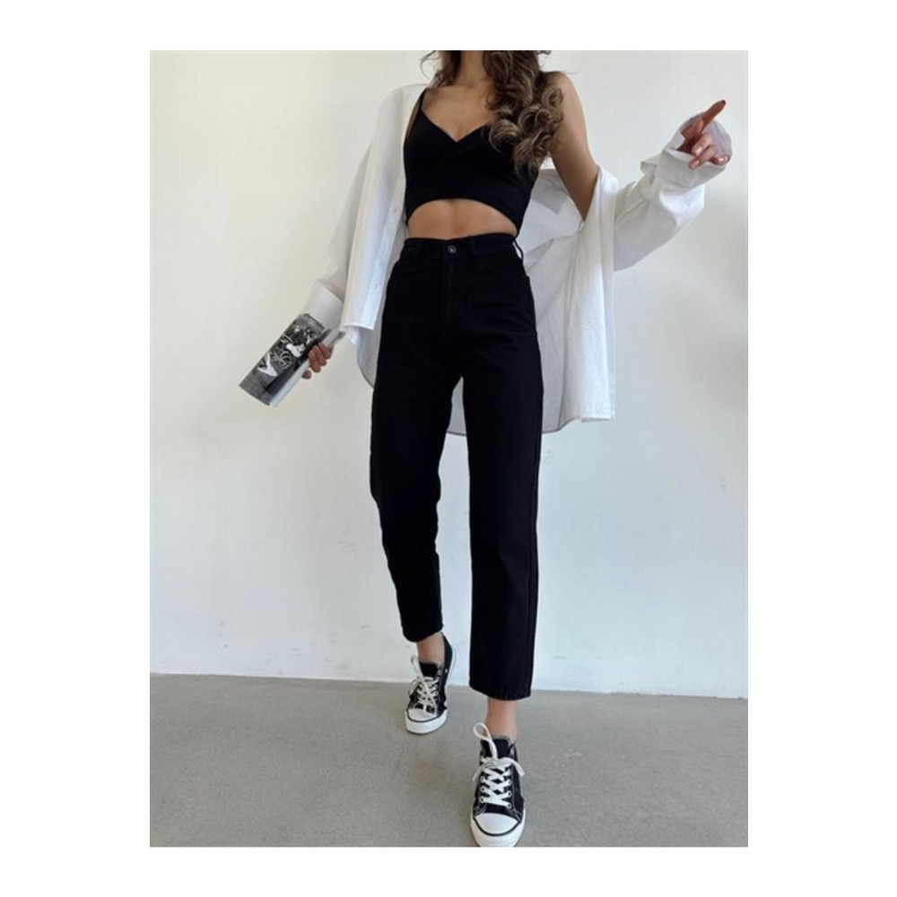 MAKRAS EXCLUSIVE Siyah Solmaz Mom Jean Kadın Boyfriend Yüksek Bel Power Likra 36 Beden Bayan Jeans / Kot Pantolon Fiyatı
