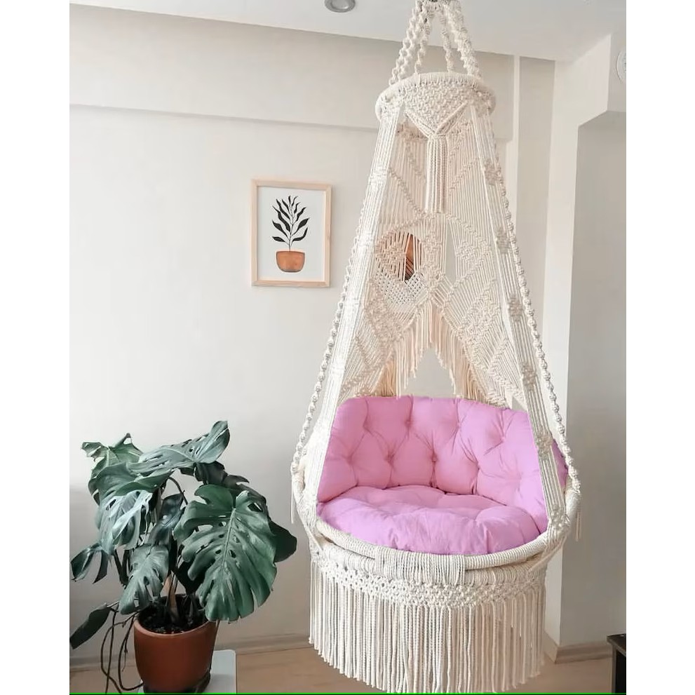Makrome Salıncak Minderi (Sadece Minder Satılık) - 60 x 80 cm - Pembe Diğer Fiyatı