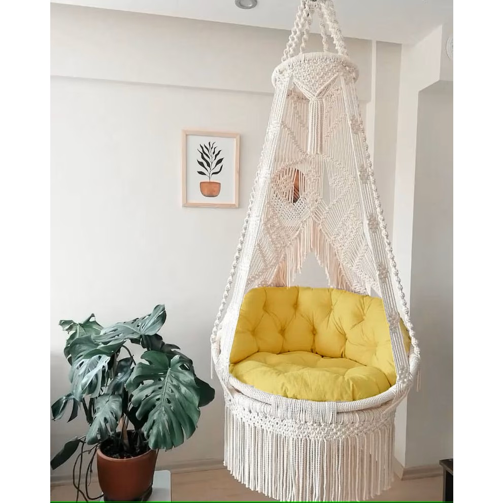 Makrome Salıncak Minderi (Sadece Minder Satılık) - 60 x 80 cm - Sarı Diğer Fiyatı