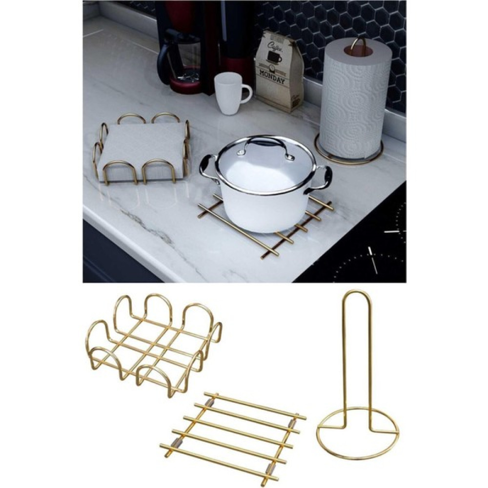 Maksipazar Metal Gold 3 Lü Servis Sunum Seti Nihale, Peçetelik, Havluluk Seti - Açık Beyaz - 10 x 29 cm Masa Örtüsü Fiyatı