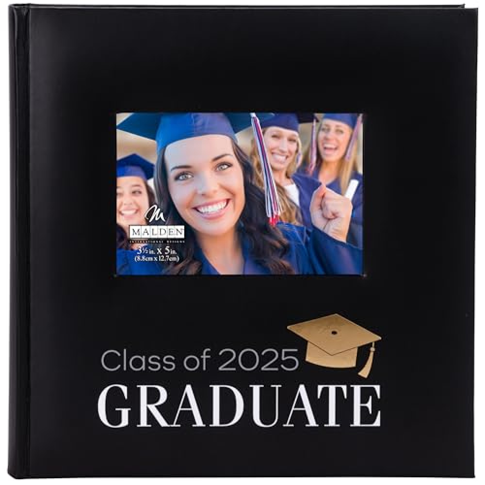 Malden International Designs 4x6 2-Up Graduation 2025 Photo Album Black Book Bound Memo Writing Areas Hard Cover Front Cover Photo Display Window