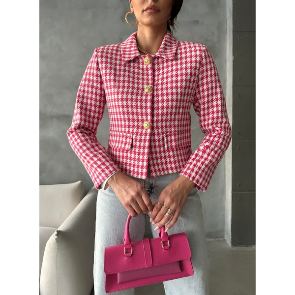 Maldia Shop Kadın Gold Düğme Kazayağı Desen Kısa Blazer Pembe Ceket Bayan Ceket Fiyatı