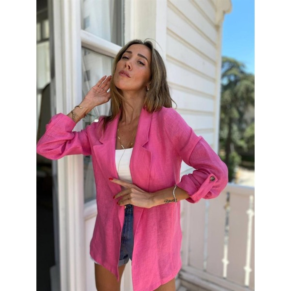 Maldia Shop Kadın Ham Keten Ayarlanabilir Kol Düğme Detay Blazer Pembe Ceket Bayan Ceket Fiyatı