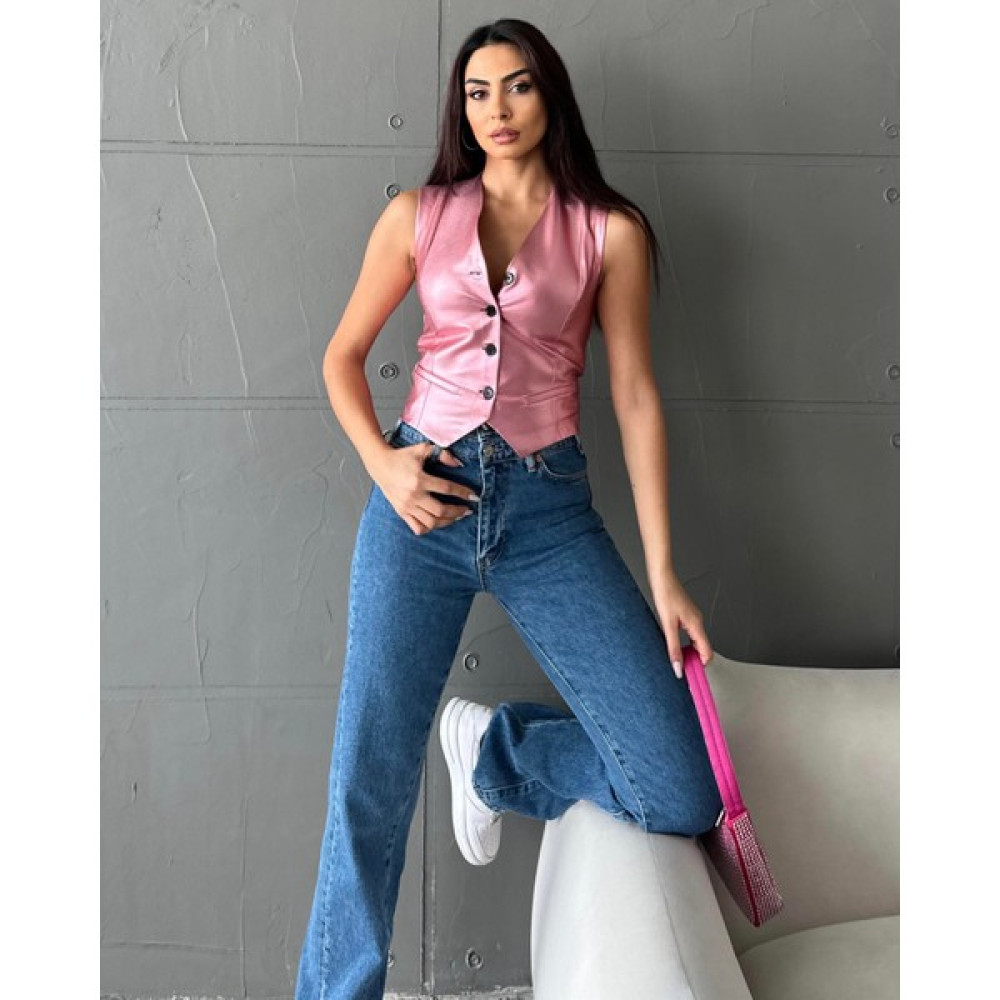 Maldia Shop Kadın Parlak Kumaş Kruvaze Model Düğmeli Pembe Yelek Kadın Yelek Fiyatı