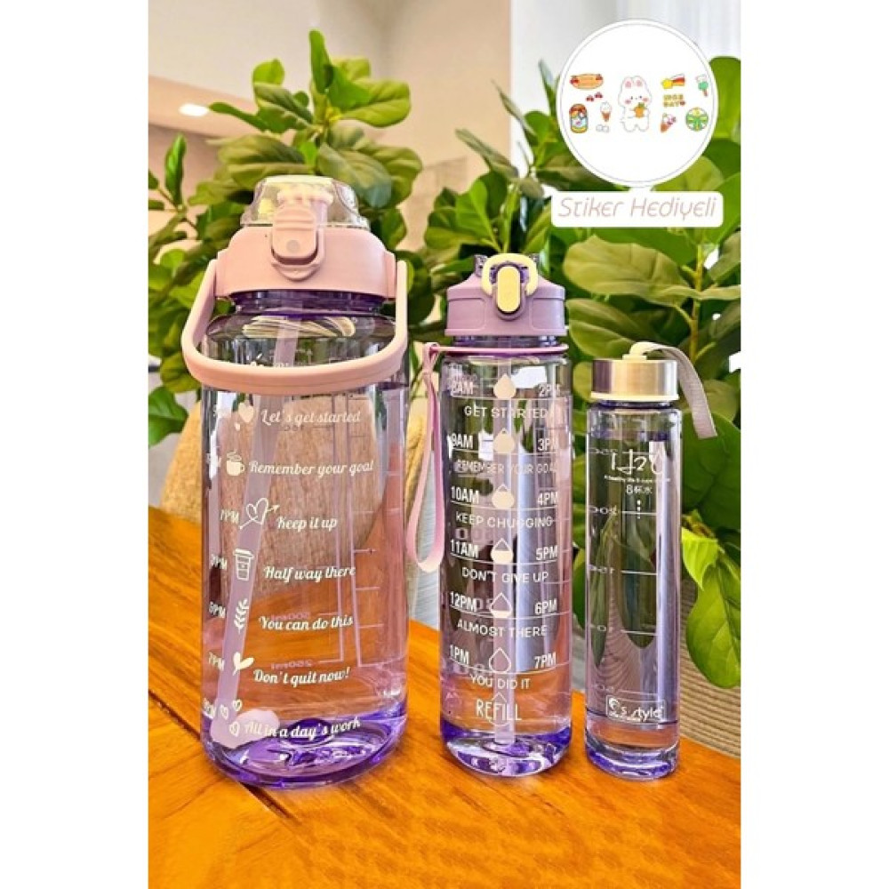 Mallame 3lü Şeffaf Motivasyon Kokusuz Stickerlı Spor Suluk Matara Pipetli Taşınabilir Su Şişesi Soft Purple - 0 Suluk Fiyatı