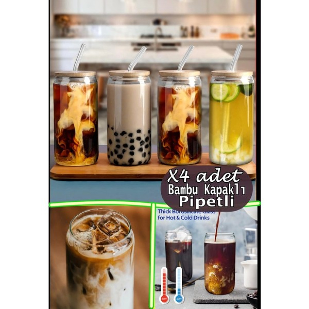 Mallame 4’Lü Bambu Kapaklı Pipetli Cool Lime Bardak Seti Borosilikat Cam Pinterest Sunum Bardak Hediyelik Fincan / Bardak / Kahve Takımı Fiyatı