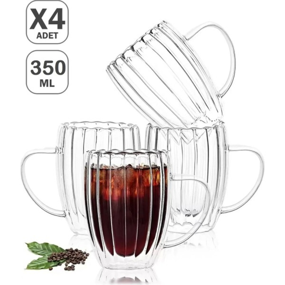 Mallame 4'lü Çift Cidarlı 350 ml Kulplu Isıya Dayanıklı Cam Bardak Burgulu Çay Süt Kahve Kupası Bardağı Set Fincan / Bardak / Kahve Takımı Fiyatı