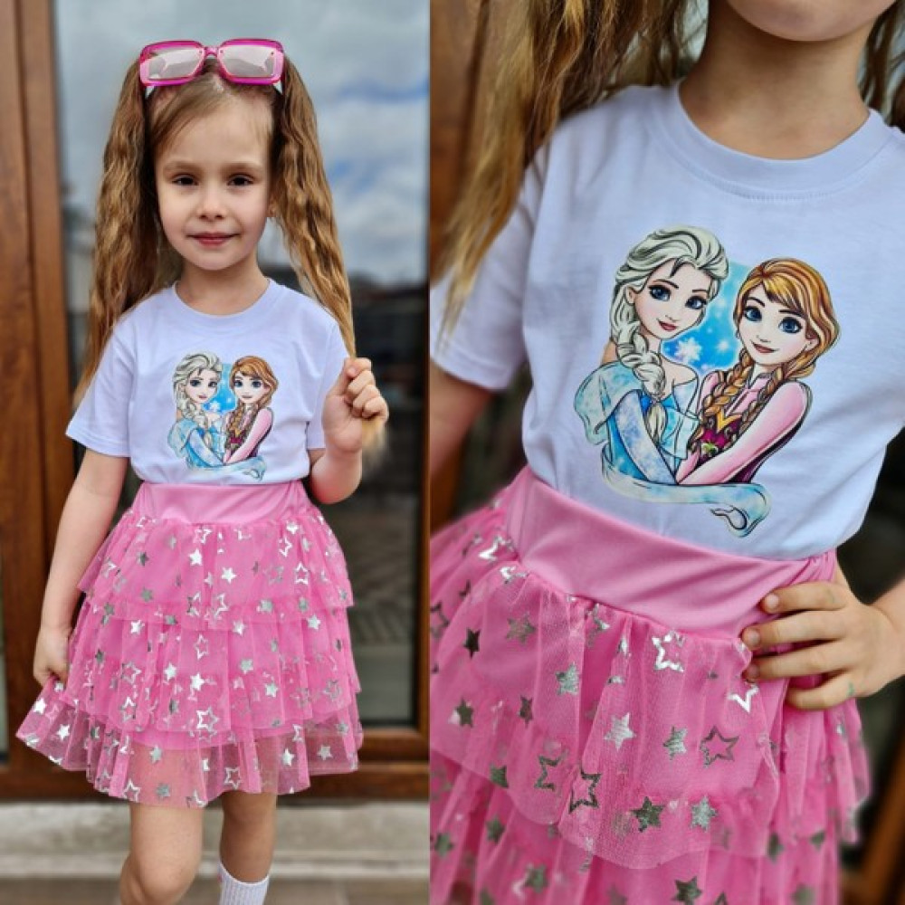 Mama And Miel Kız Çocuk Frozen Elsa ve Anna Tshirt ve Yıldız Baskılı Tütü Etek Takımı Kız Çocuk Giyim Takımı Fiyatı