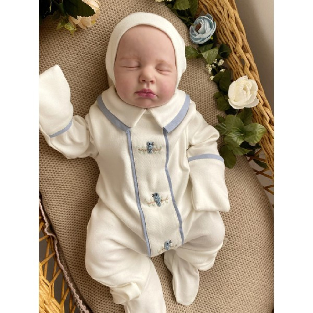 Mama Miel Baby Erkek Bebek El Işlemesi Mavi Kuşlu Yenidoğan Tulum ve Şapka Takımı Bebek Hastane Çıkışı Fiyatı