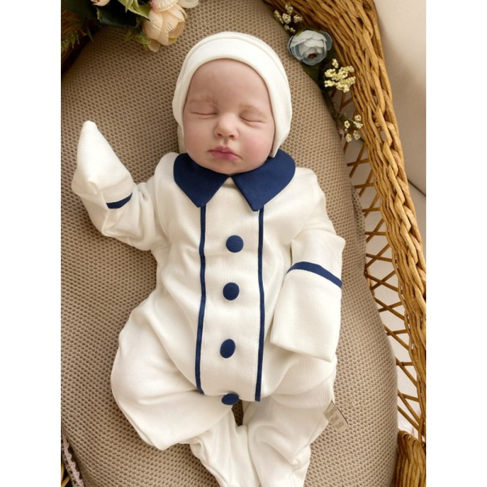 Mama Miel Baby Erkek Bebek Lacivert Kumaş Düğme Detaylı Yenidoğan Tulum ve Şapka Takımı Bebek Hastane Çıkışı Fiyatı