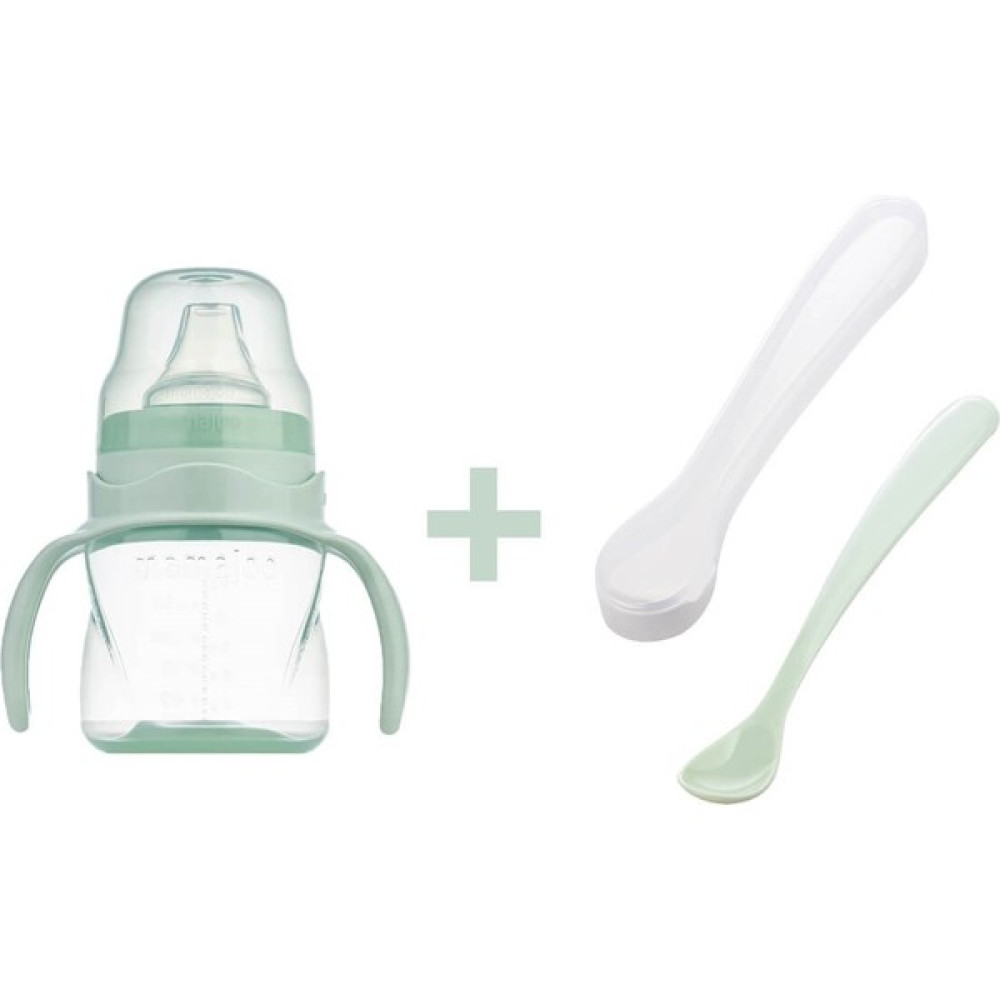 Mamajoo Kulplu Eğitici Bardak 160 ml & İkili Beslenme Kaşığı / Powder Green - Açık Yeşil Bebek Beslenme Gereçleri Fiyatı