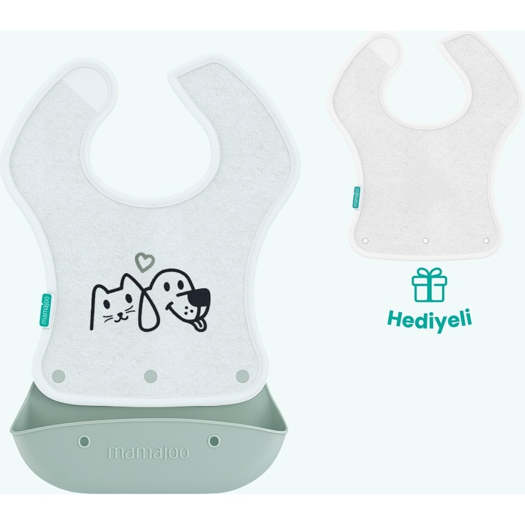 Mamajoo Silikon & Kumaş Katlanır Mama Önlüğü | 2-in-1 Powder Green + Kumaş Önlük Hediye - Yenidoğan - Yeşil Mama Önlüğü Fiyatı