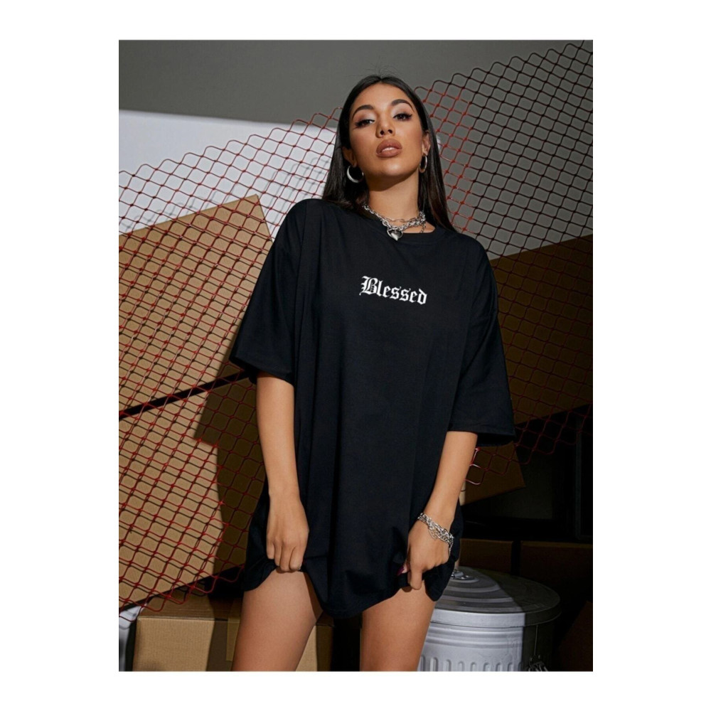 Mambo Siyah Blessed Yazılı Oversize Penye T-shirt M Beden Bayan T-shirt Fiyatı