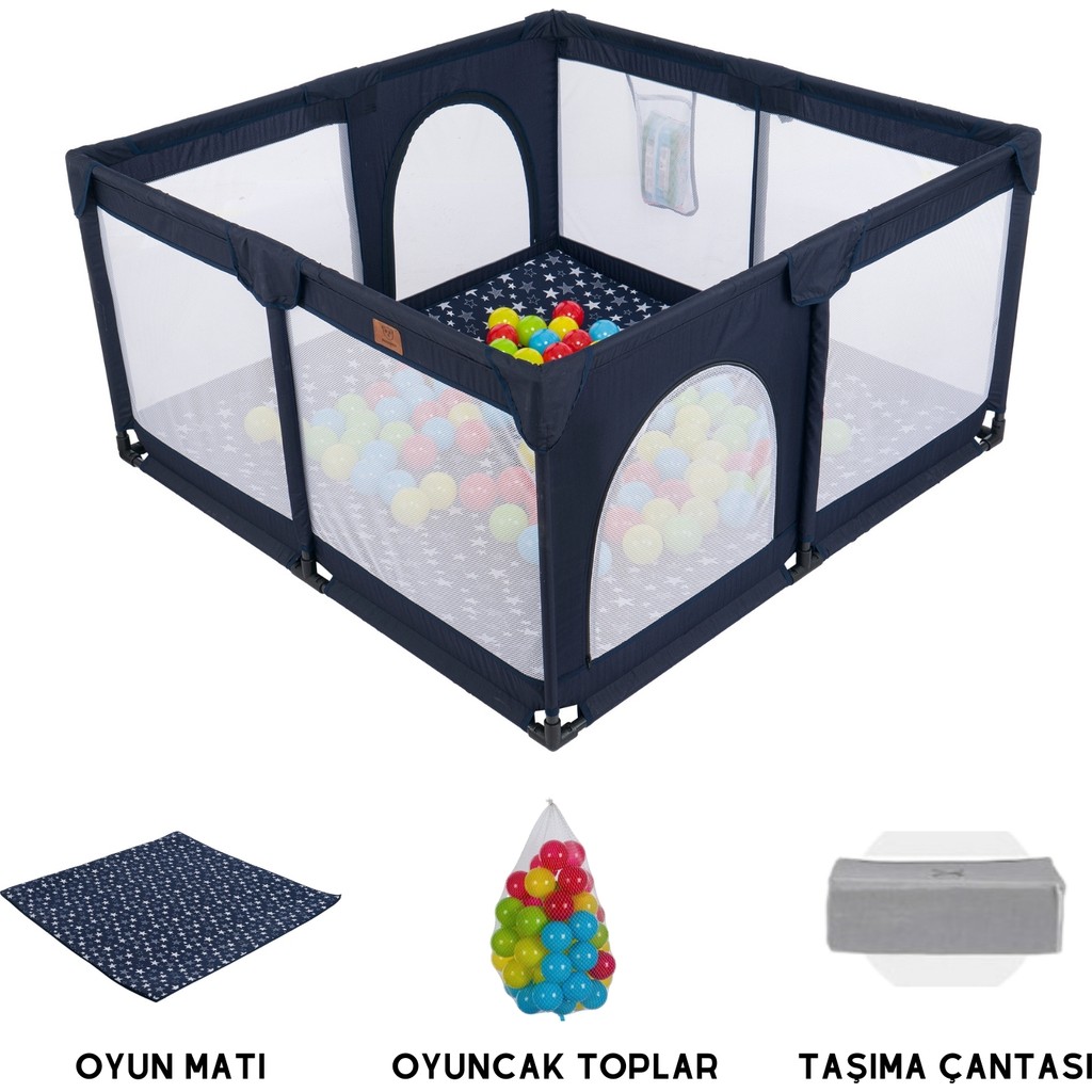 Mamma Playard Güvenli Bebek ve Çocuk Oyun Alanı Oyun Parkı 125X125 Oyun Matı ve Topları - Lacivert Diğer Fiyatı