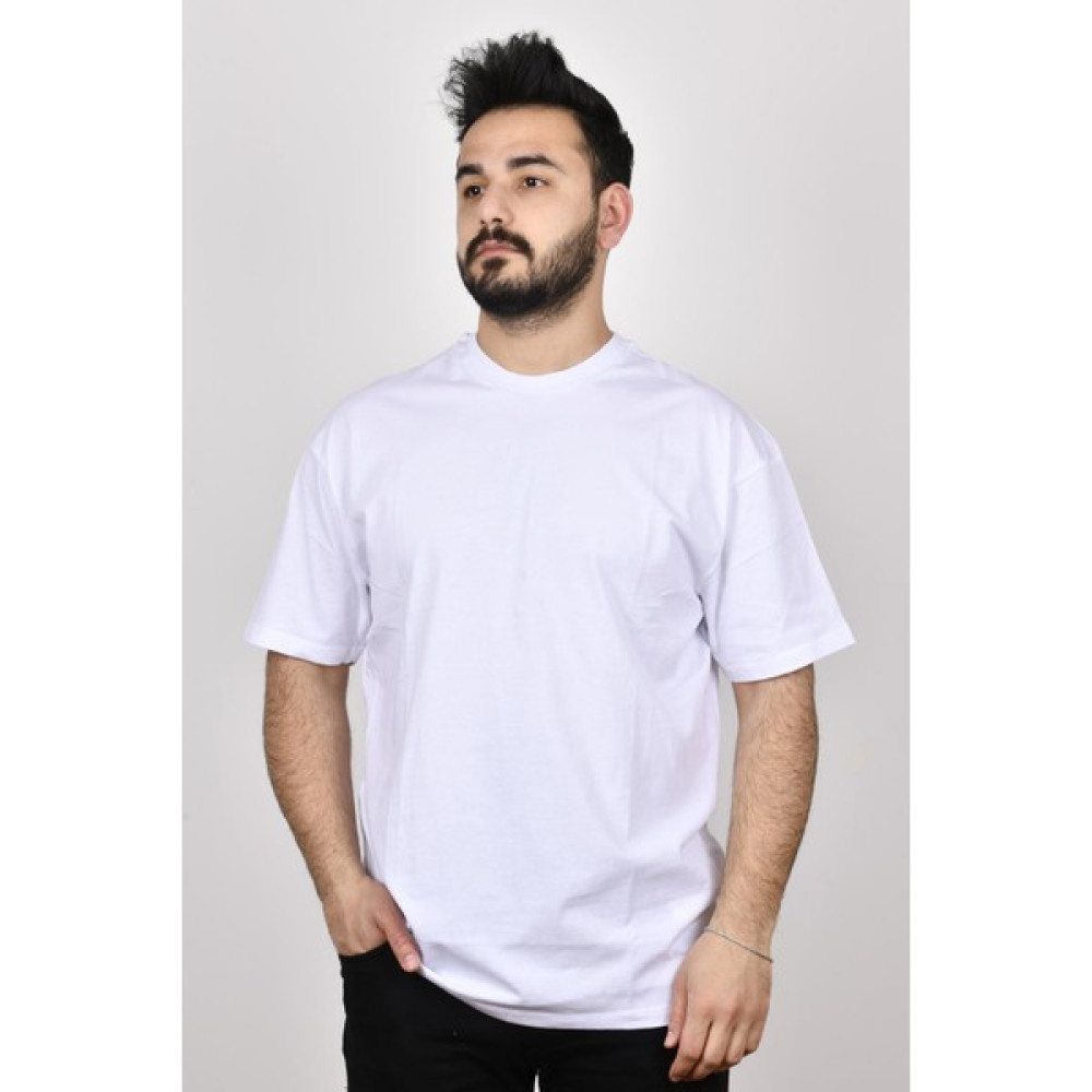 Manche 21-5332 Erkek Beyaz Biskilet Yaka Baskılı Oversize T-Shirt Erkek T-shirt Fiyatı