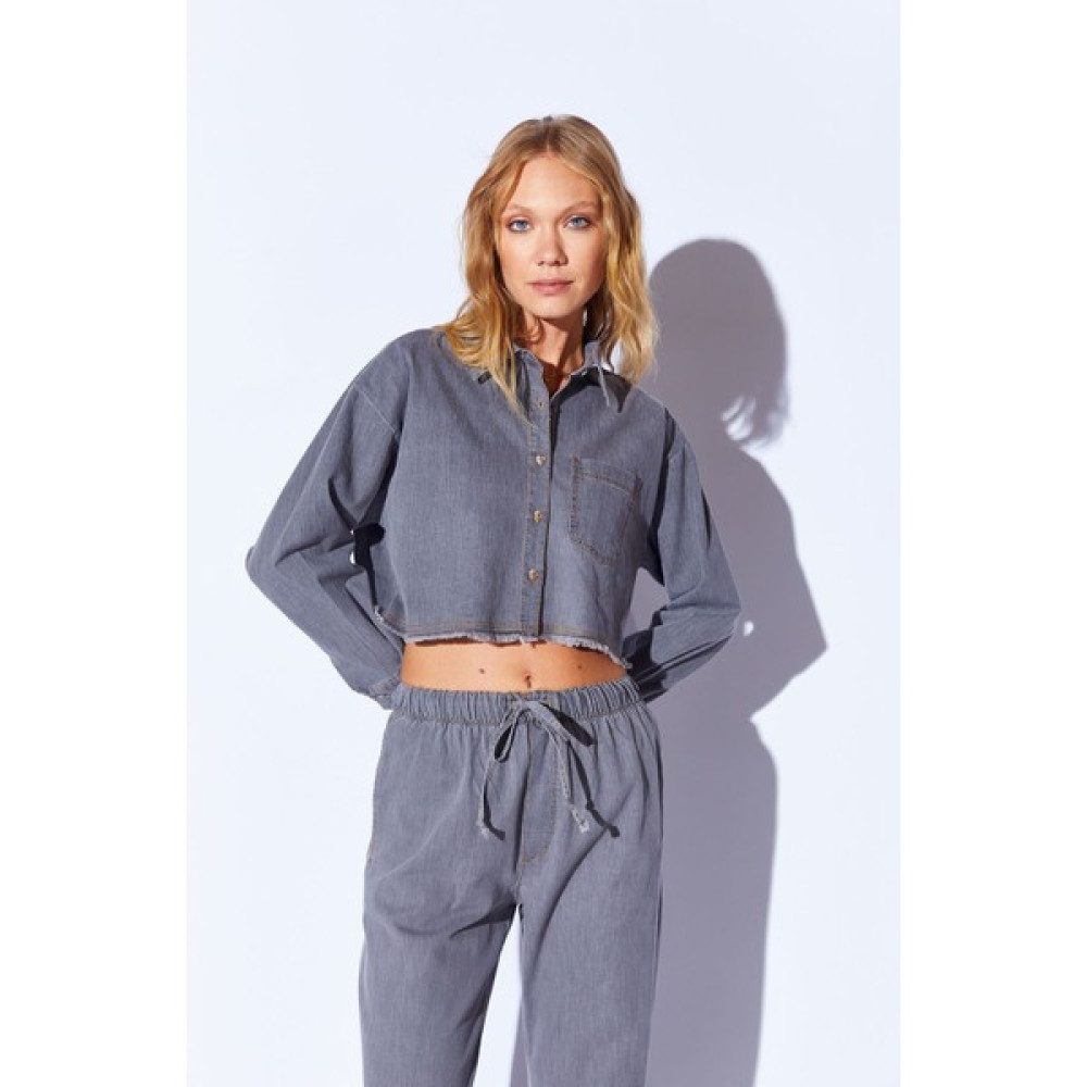 Manche Gri Crop Soft Dokulu Denim Yıpratma Detaylı Kadın Jean Gömlek | MKS169600-01 Kadın Gömlek Fiyatı