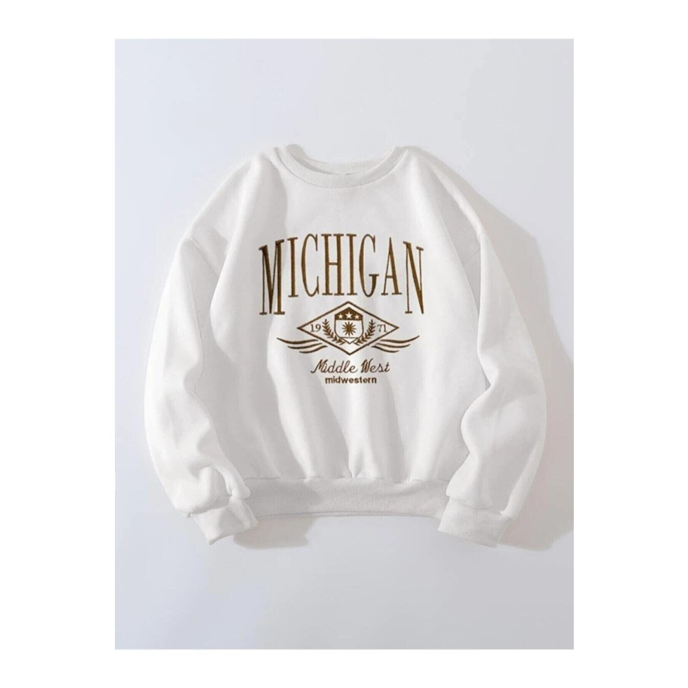 MANCY Nice Unisex Oversize Kahverengi Baskılı Beyaz Sweatshirt L Beden Bayan Sweatshirt Fiyatı