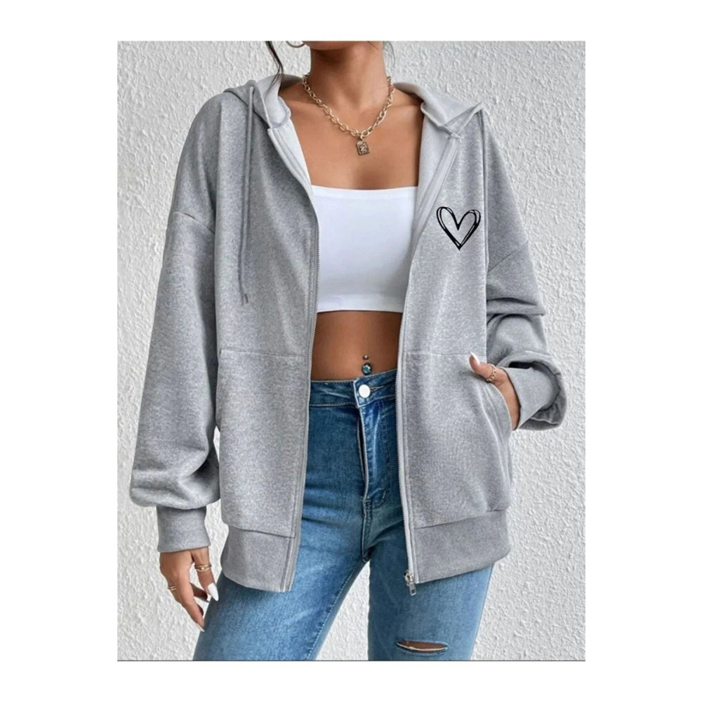 MANCY Unisex 2ip Örme Kumaş Kapüşonlu Oversize Kalp Baskılı Hırka L Beden Kadın Hırka Fiyatı