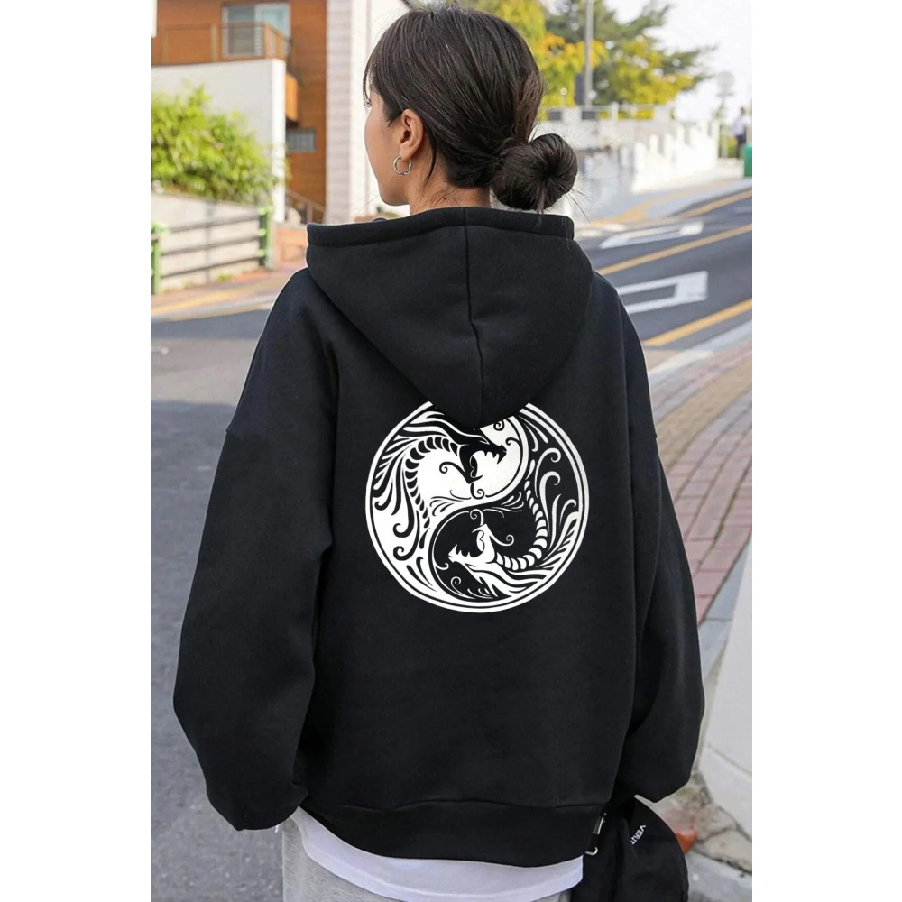 MANCY Unisex 2ip Örme Kumaş Ying Yang Dragon Reflektör Baskı Oversize Hırka XS Beden Kadın Hırka Fiyatı