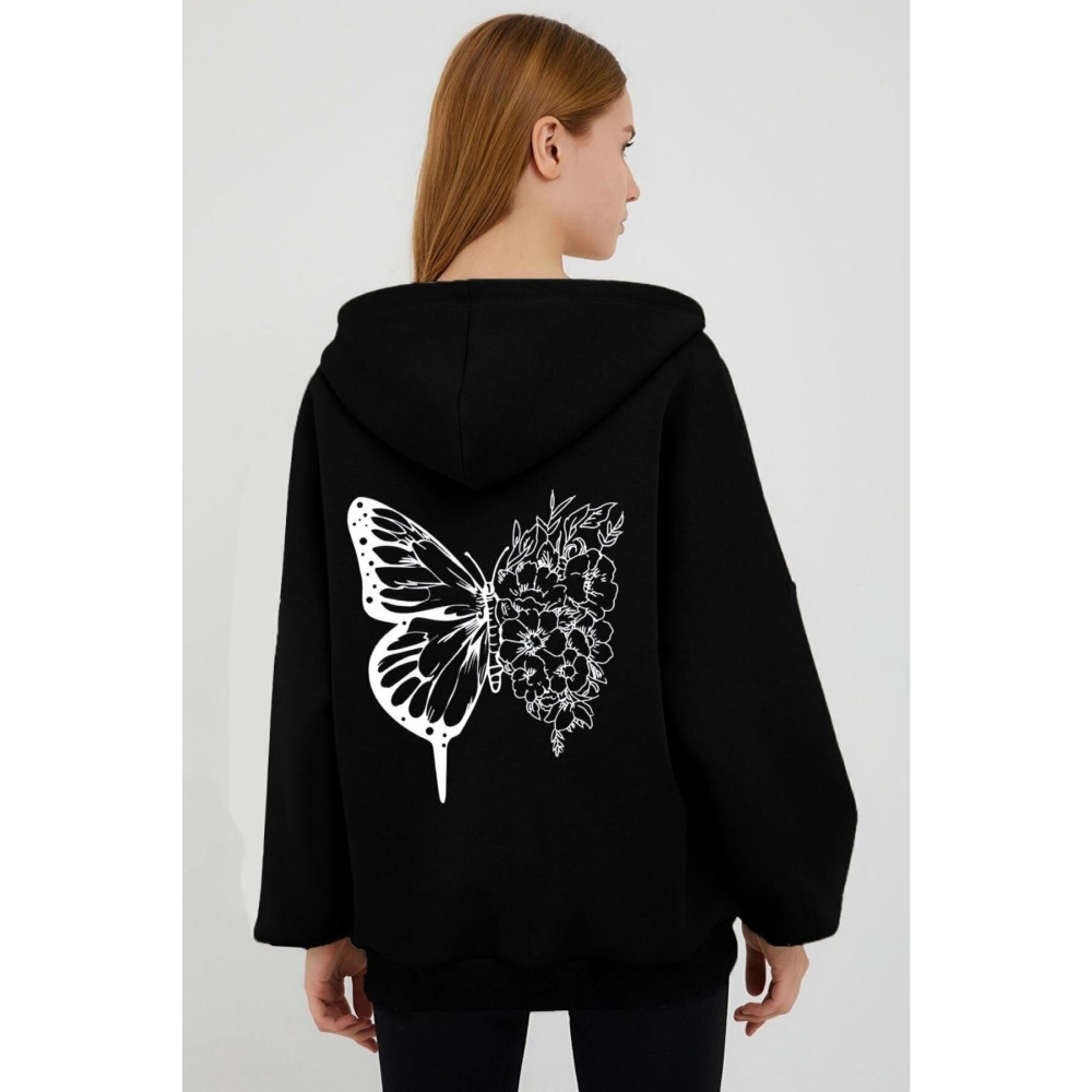 MANCY Unisex Siyah 2 Iplik Örme Kumaş Kapüşonlu Fermuarlı Kelebek Baskılı Sweat Hırka M/L Beden Bayan Sweatshirt Fiyatı