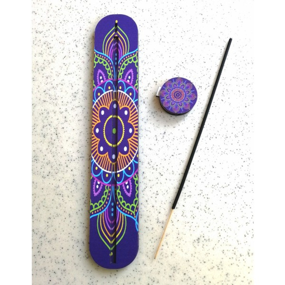 Mandala Desenli Renkli Takma Halkalı 2 Parçalı Ortası Kanallı Ahşap Dekoratif Tütsülük - Mor Dekoratif Mum Fiyatı