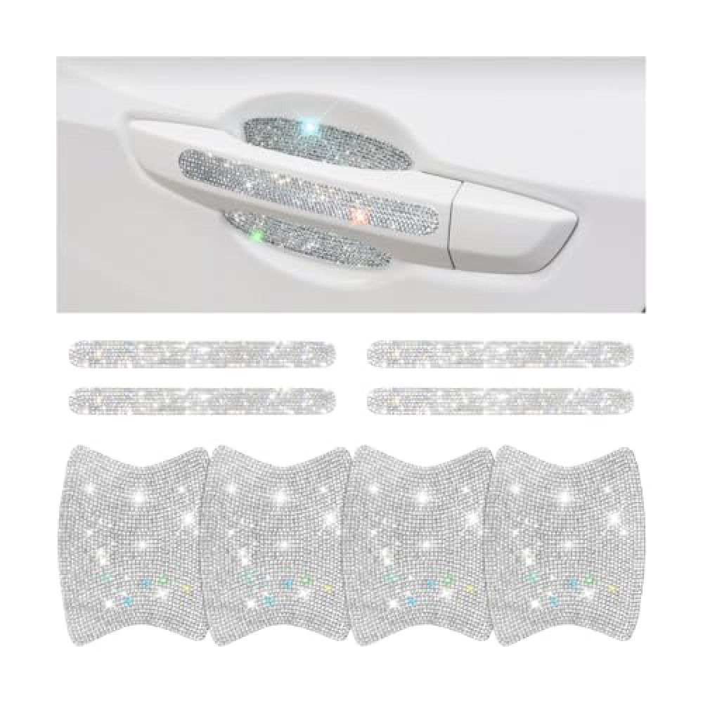 Mandark 8PCS Bling Car Door Handle Protector, Crystal Rhinestone Vehicle Door Bowl Protective Sticker, Glitter Anti-Scratch Auto Decor Decals Accessories, Universal for SUV, Sedan, Truck (White)