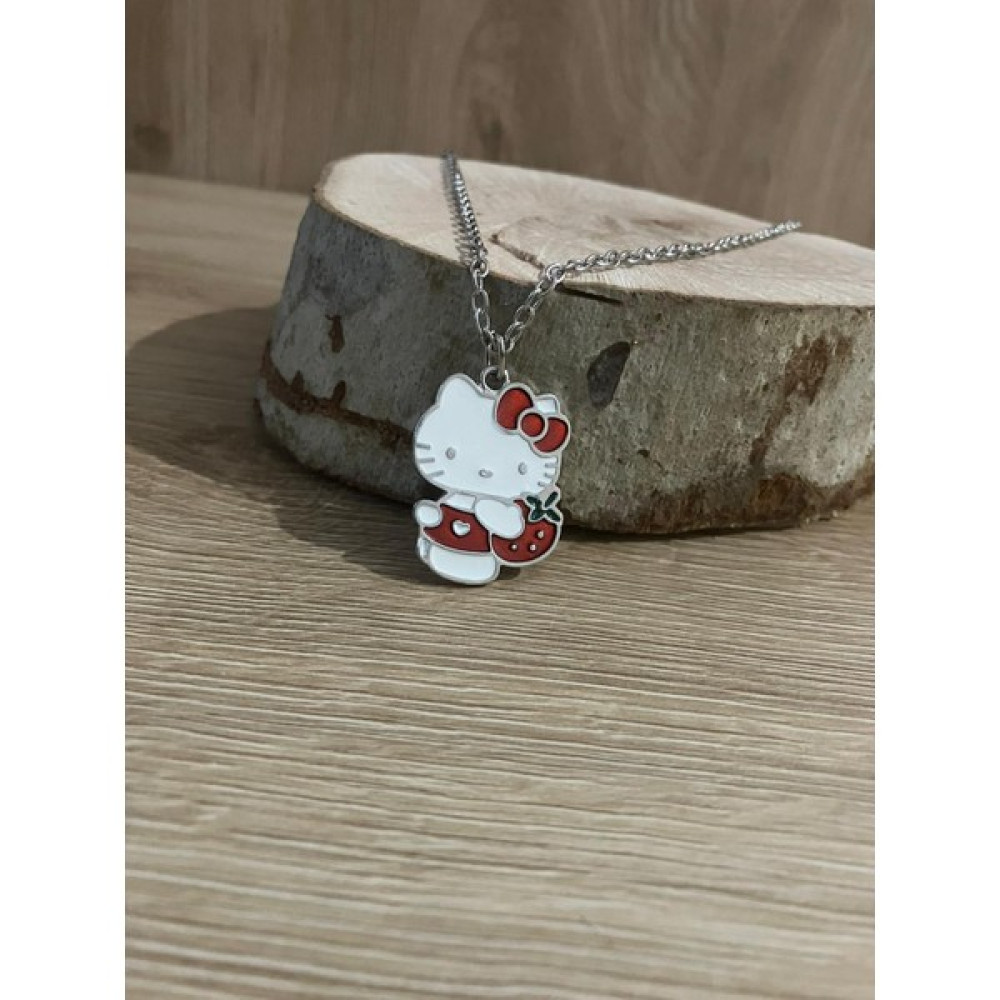 Maniera Aksesuar Elinde Çilek Olan Hello Kitty Kolye - 50cm - Siyah-Gümüş - 60 cm Bijuteri Kolye Fiyatı