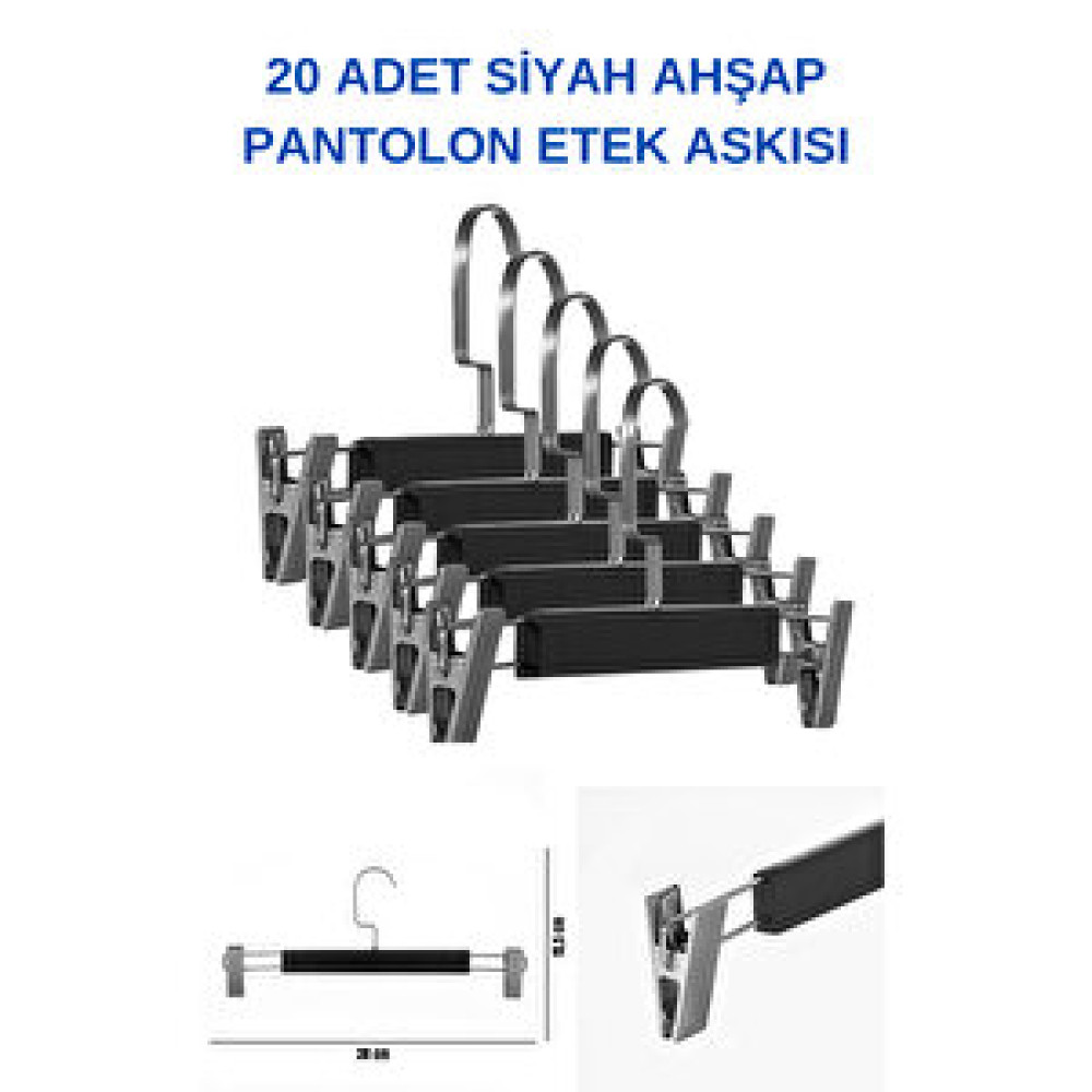 Manken İstanbul A Kalite 20 Adet Lamine Siyah Ahşap Mandallı Pantolon Askısı Etek Askısı Dolap İçi Düzenleyici Fiyatı