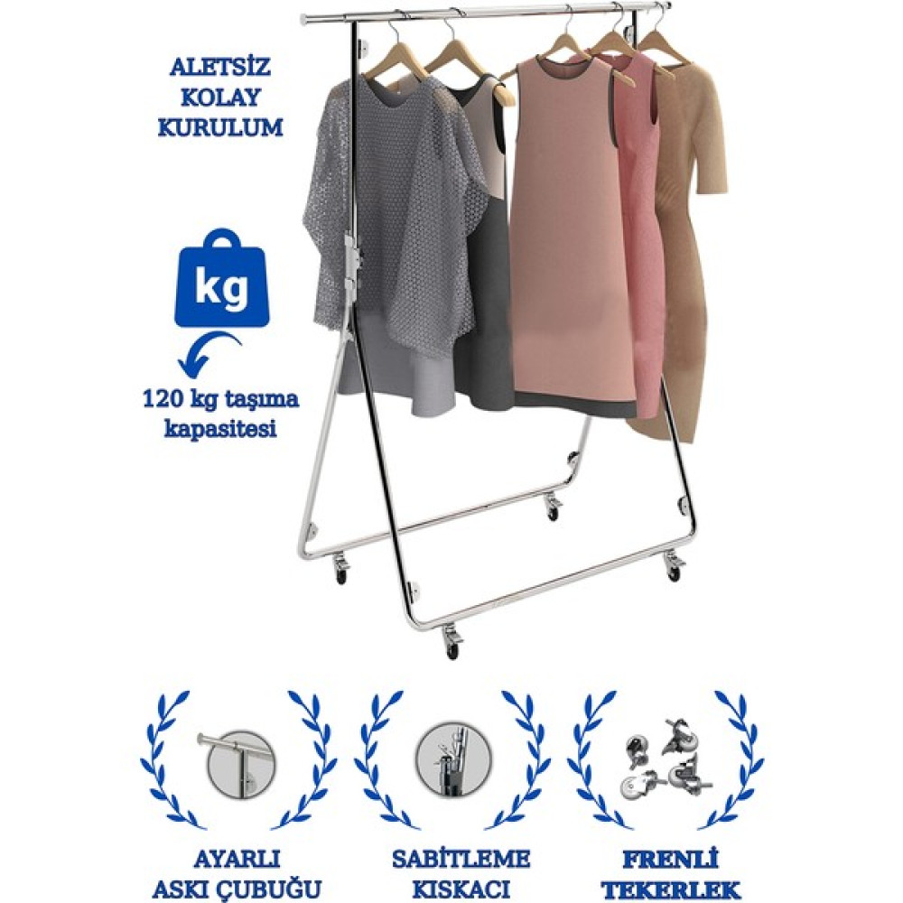 Manken İstanbul Katlanabilir Seyyar Tekerlekli Yüksek Kalite Kromaj Kaplı Orta Stand Konfeksiyon Standı Askılık Vestiyer Fiyatı