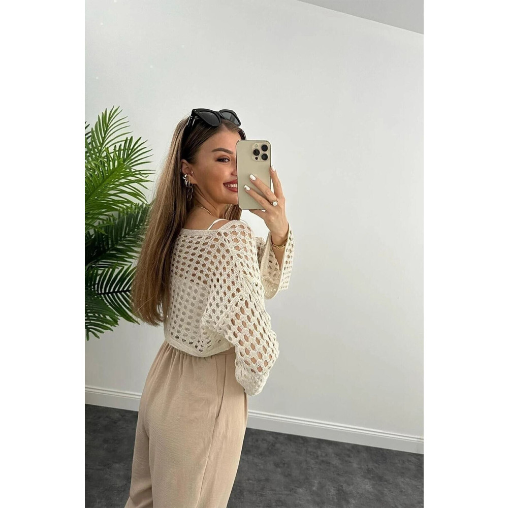 manolyabutik Bolero Knit Krem Crop Bluz Ajurlu Triko Örme XXL Beden Bluz Fiyatı