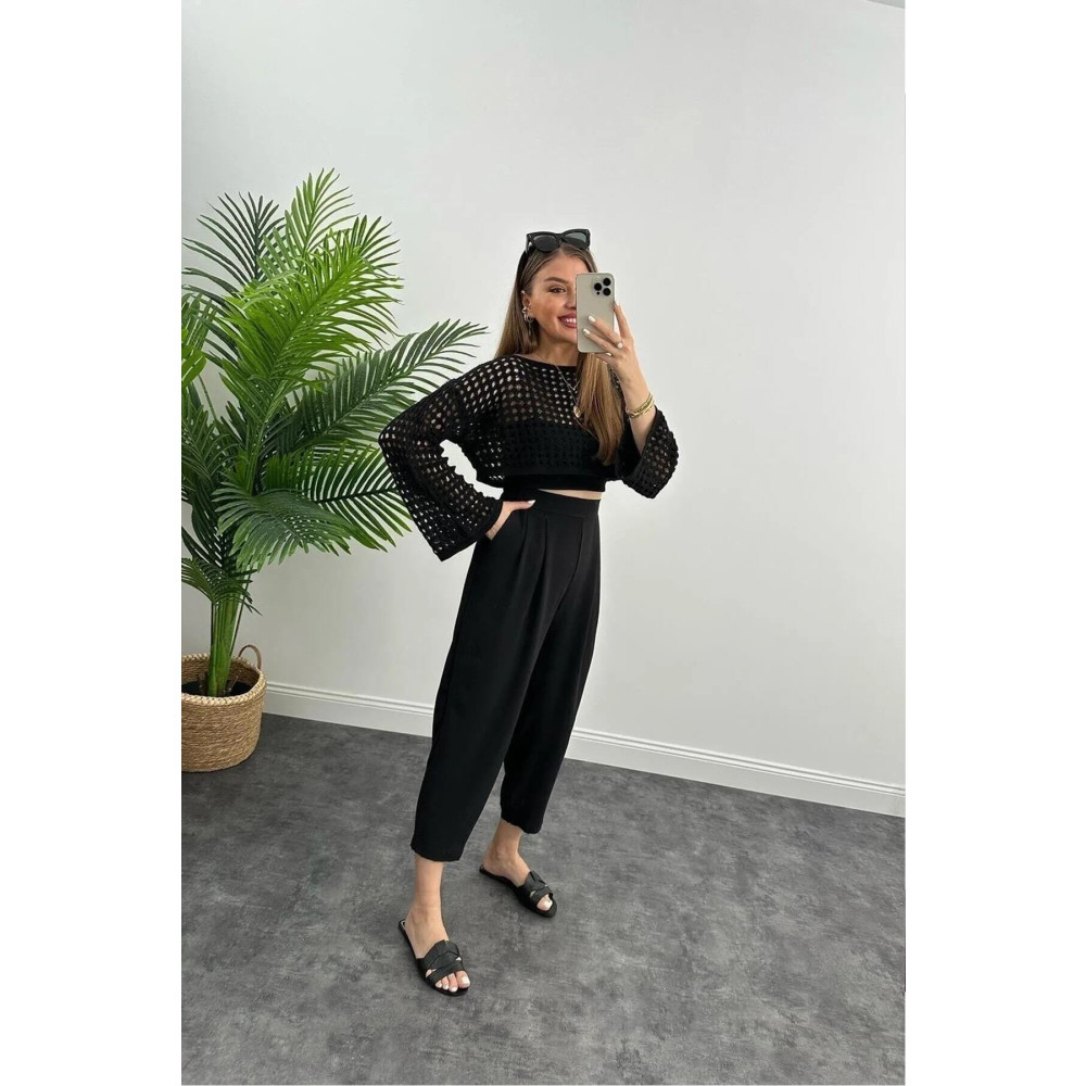 manolyabutik Bolero Knit Siyah Crop Bluz Ajurlu Triko Örme Standart Beden Bluz Fiyatı