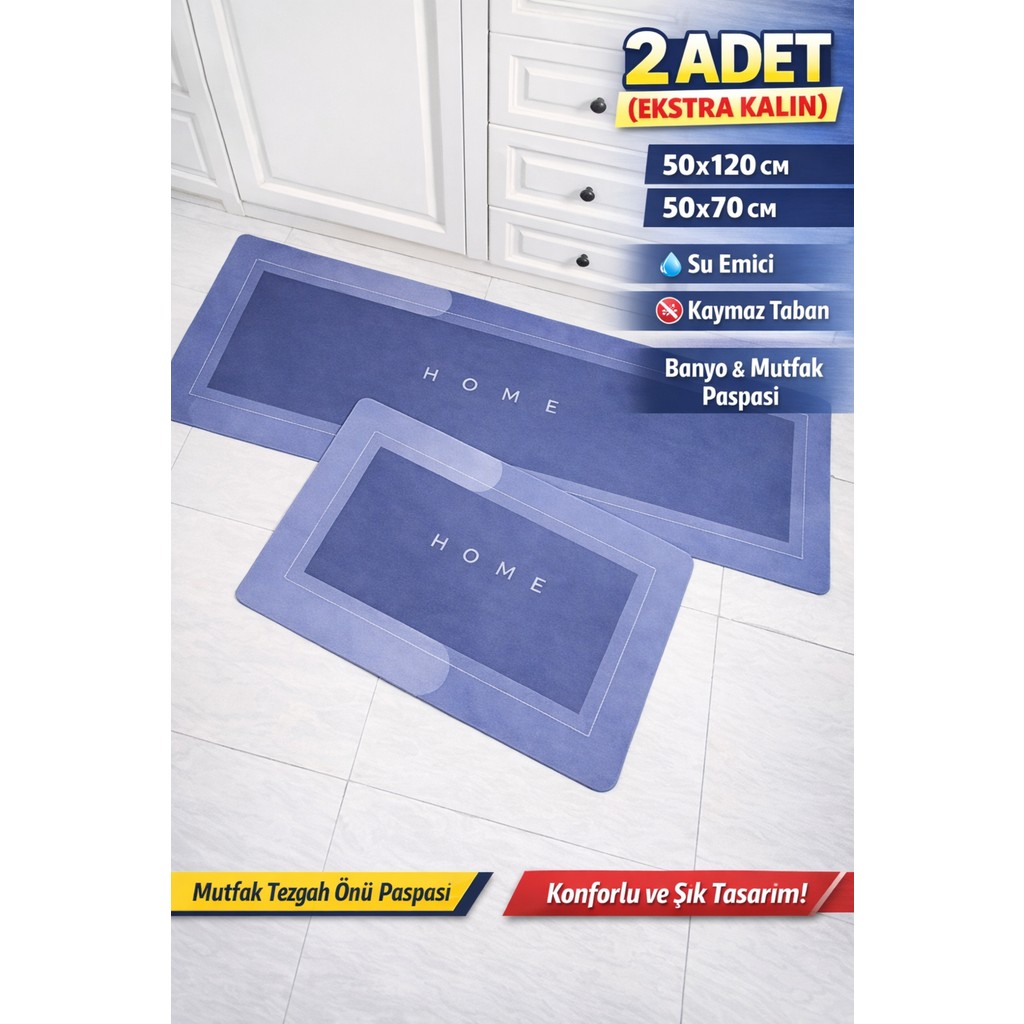 Manosta 2 Adet Mavi Renk Su Emici Kaymaz Taban Banyo & Mutfak Paspası Seti Mutfak Paspas 50X120 cm 50X70CM Araca Özel Paspaslar Fiyatı