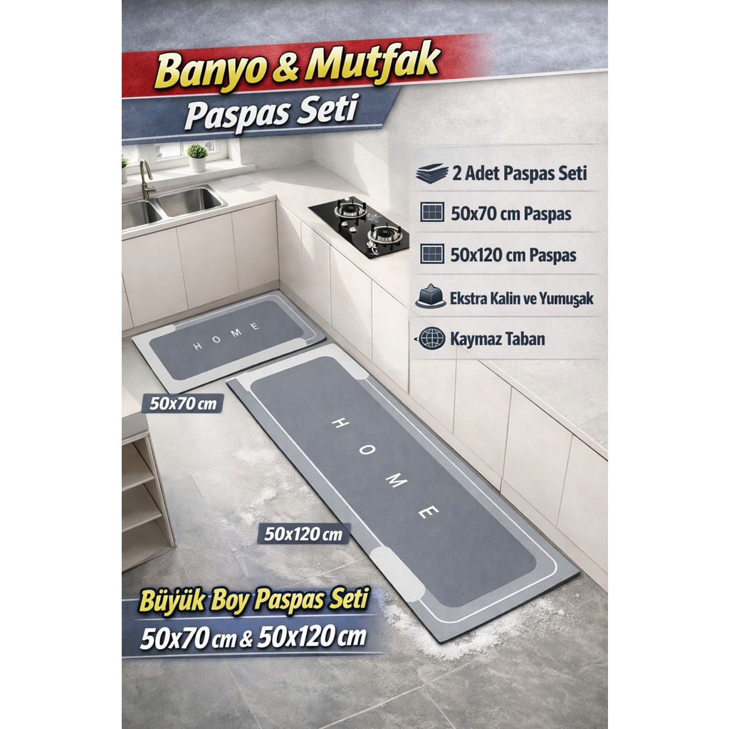 Manosta 2 Adet Su Emici Kaymaz Taban Banyo & Mutfak Paspası Seti Mutfak Tezgah Önü Paspas 50X120 cm 50X70CM - Gri Araca Özel Paspaslar Fiyatı
