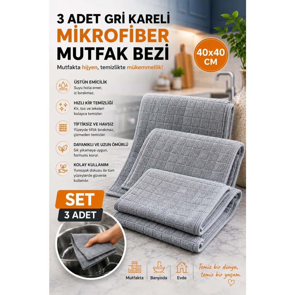 Manosta ( 3 Adet ) Mikrofiber Kareli Gri Mutfak Temizlik Bezi – Ultra Emici Tezgah, Kurulama ve El Bezi Seti Deterjan ve Temizlik Ürünleri Fiyatı