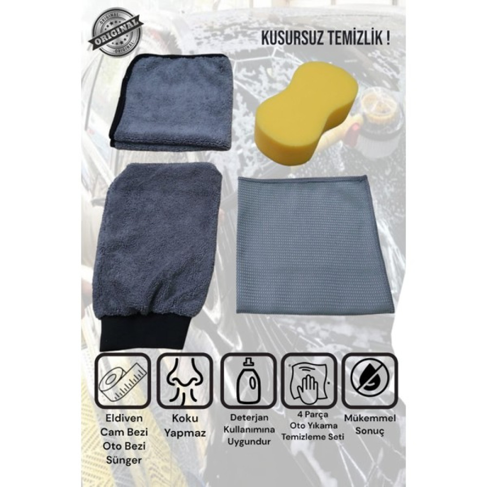 Manosta 4'lü Mikrofiber Oto Yıkama Kurulama Araba Silme Bezi, Oto Eldiven, Cam Bezi ve Sünger - 0315 Gri Oto Bakım Bezleri Fiyatı